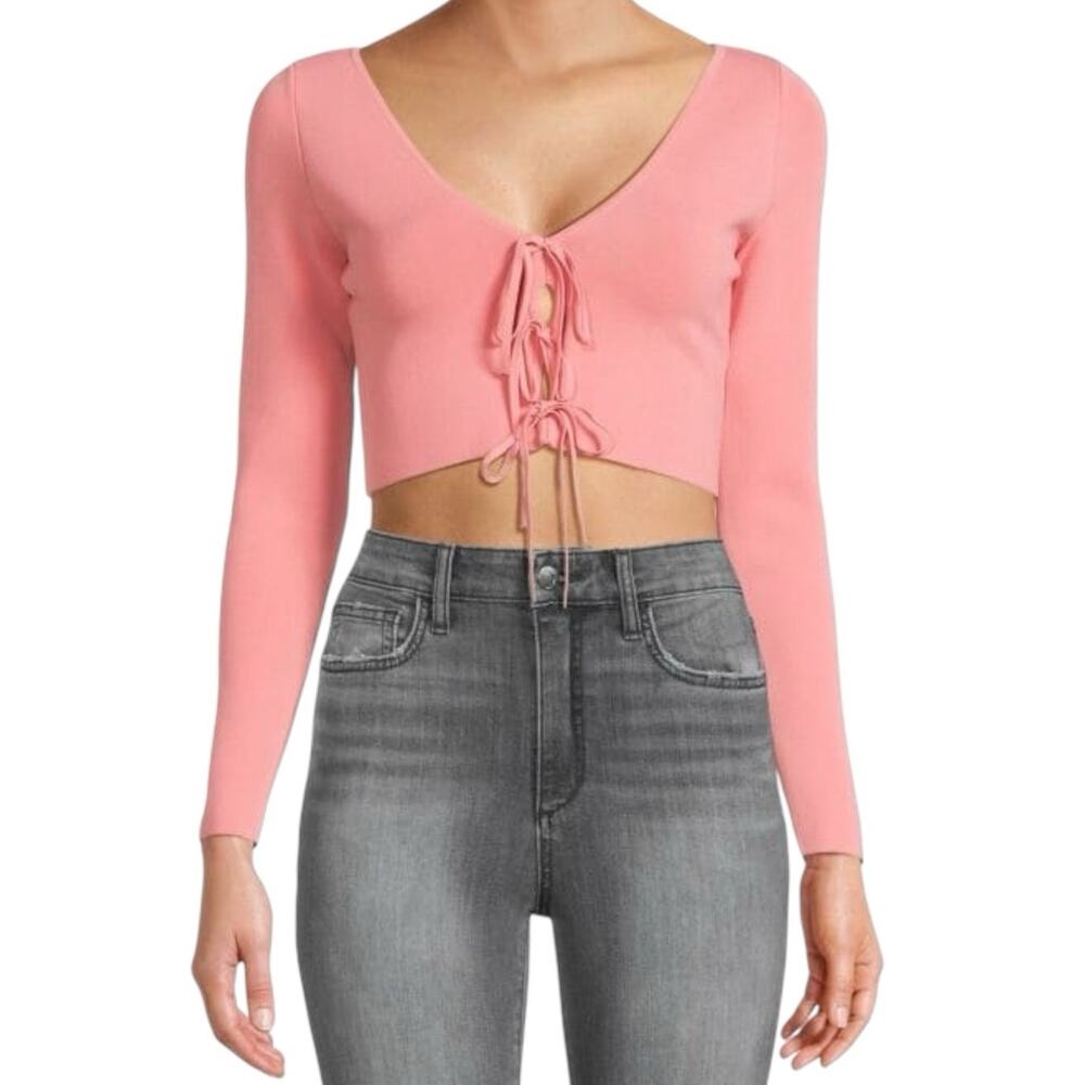 Alice + Olivia Sharee Lace Up Front Cropped Top Long Sleeve Pink XS Coquette
